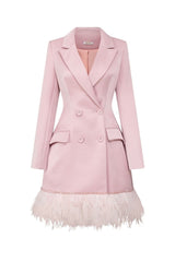 Pink Rosa taffeta blazer dress with feather details, mini length, fitted silhouette, by 21Six.