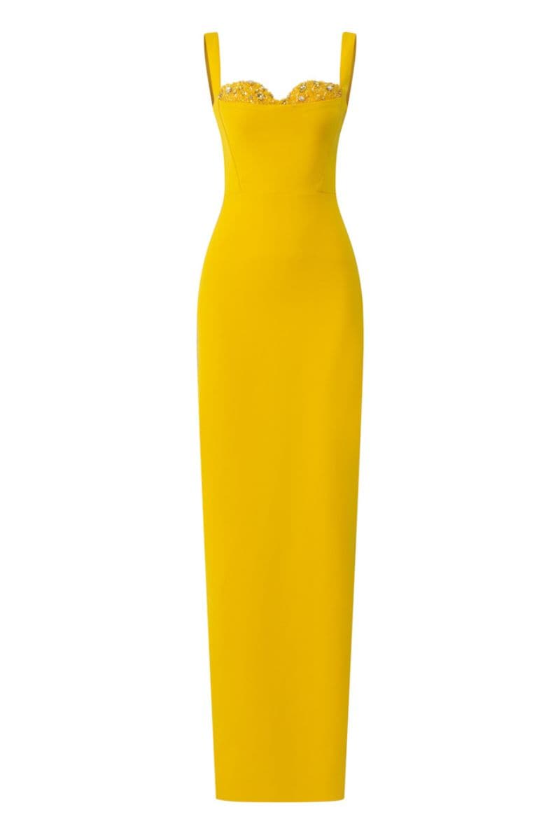 Yellow Jensen crystal bodycon maxi dress by 21Six, fitted silhouette with crystal embellishments, sleeveless design, and V-neck neckline.