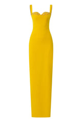 Yellow Jensen crystal bodycon maxi dress by 21Six, fitted silhouette with crystal embellishments, sleeveless design, and V-neck neckline.