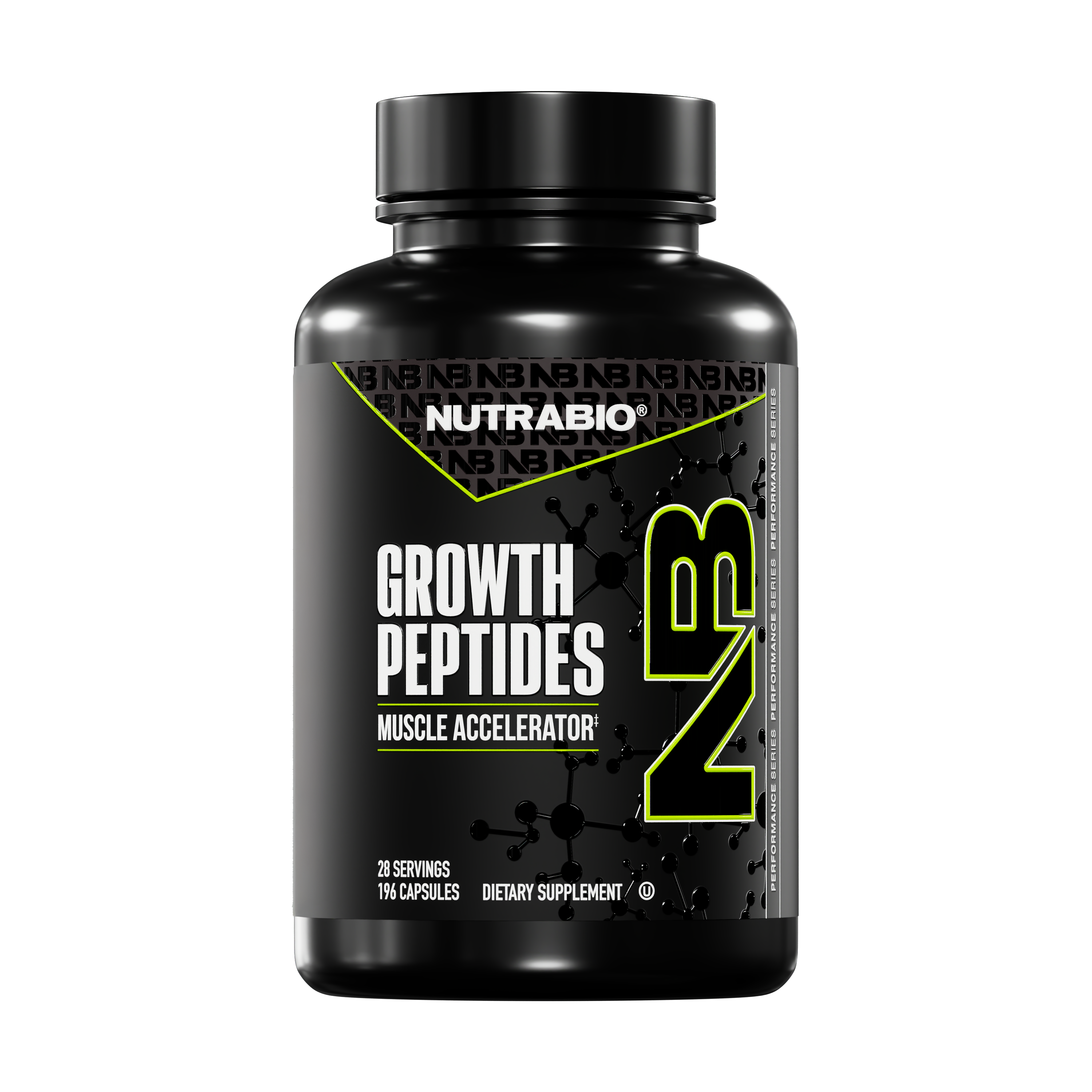 A black bottle of NutraBio Growth Peptides dietary supplement with NB branding contains 196 capsules (28 servings) and features advanced muscle-building peptides for enhanced recovery, shown against a plain white background.