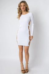 White Knit Side Cut-Out With Gold Accent Ring Open Back Mini Dress - Tasha Apparel Wholesale