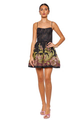 Cara Cara Alba Mini Dress Black with Floral Embroidery and Spaghetti Straps