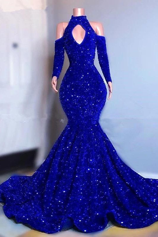 Prom Dress 2023 Ideas Mermaid/Trumpet Halter Neck Long Sleeves Hollow Sequin with Pleats Sparkle&Shine