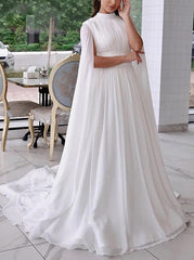 A-line Chiffon Wedding Dress With Cape Sleeves,High Neck Bridal Gown,WD01039