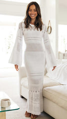 White Long Sleeves Crochet Knit Midi Dress
