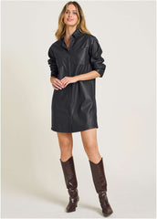 Faux Leather Shirt Dress - Jet Black