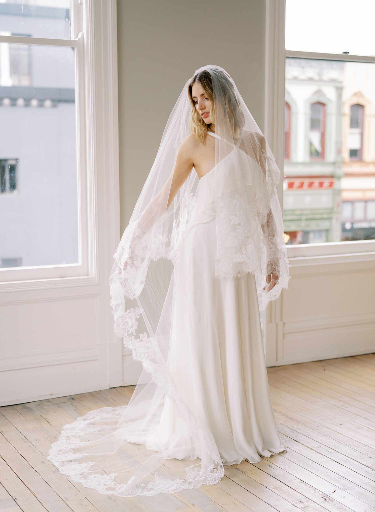 floral french lace trimmed long tulle veil with blusher, twigs and honey