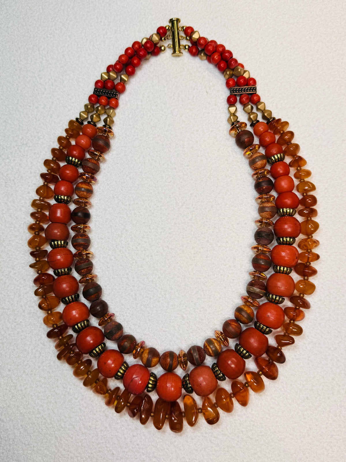New! Yara Litosch triple strand necklace of amber, orange ceramic beads, DZI matte agates and resin spacer #35