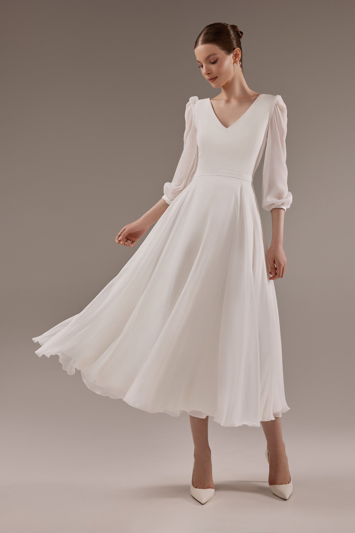 Modest A-line Midi Wedding Dress Valerie with Chiffon Sleeves