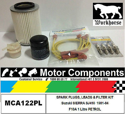 SUZUKI SJ410 SPARK PLUGS LEADS & FILTER SERVICE KIT F10A 1Litre PETROL 81-84
