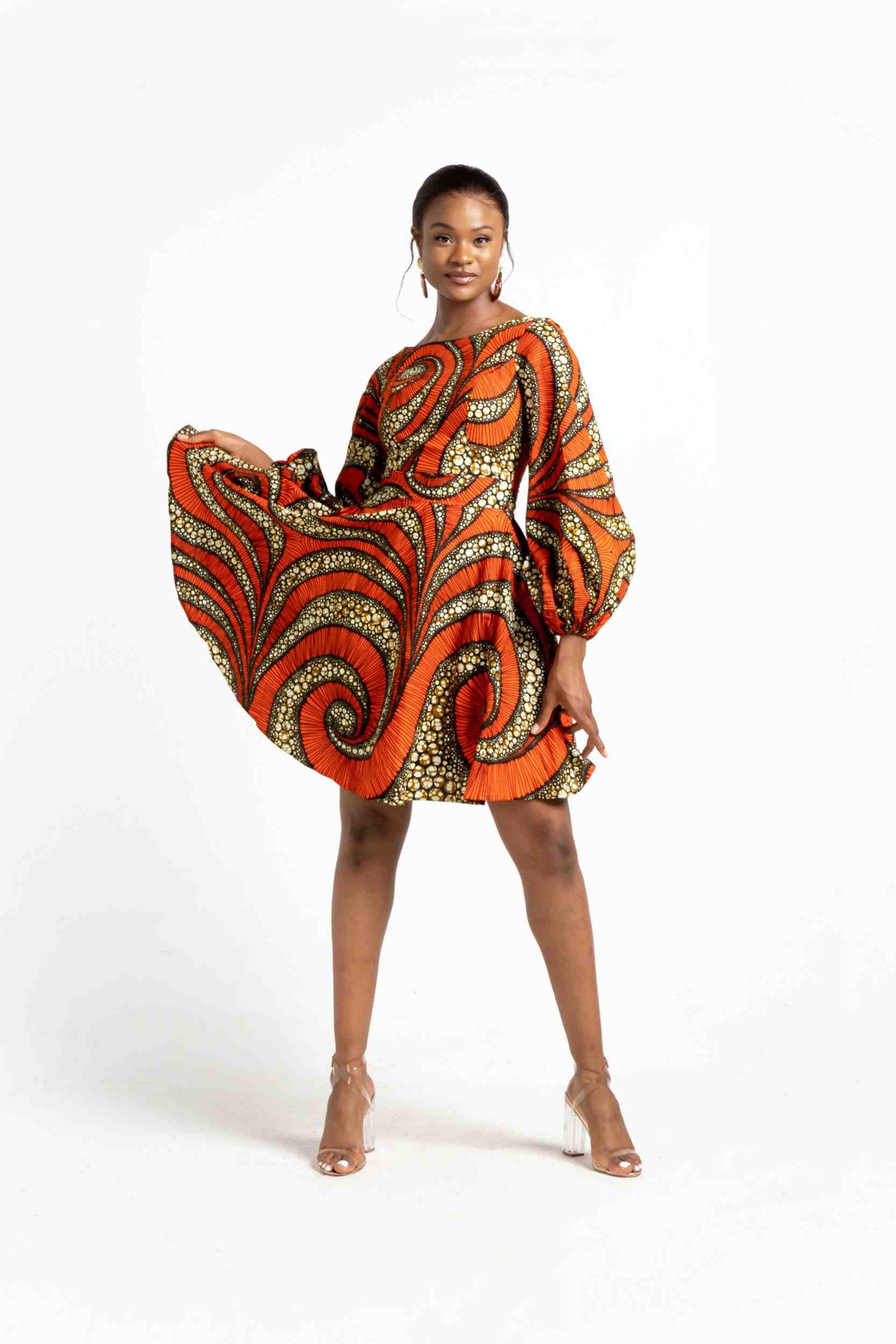 African dress for women. Puff Sleeve orange dress for women. Wedding guest outfit. Wedding guest dresses. Bridesmaid dresses. Long sleeve dresses. Mini Dresses. plus size dresses.