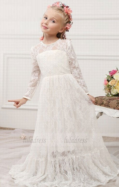 Lace Flower Girl Dresses Sheer Jewel Long Sleeves Cute Floor Length Girls First Communion Dresses
