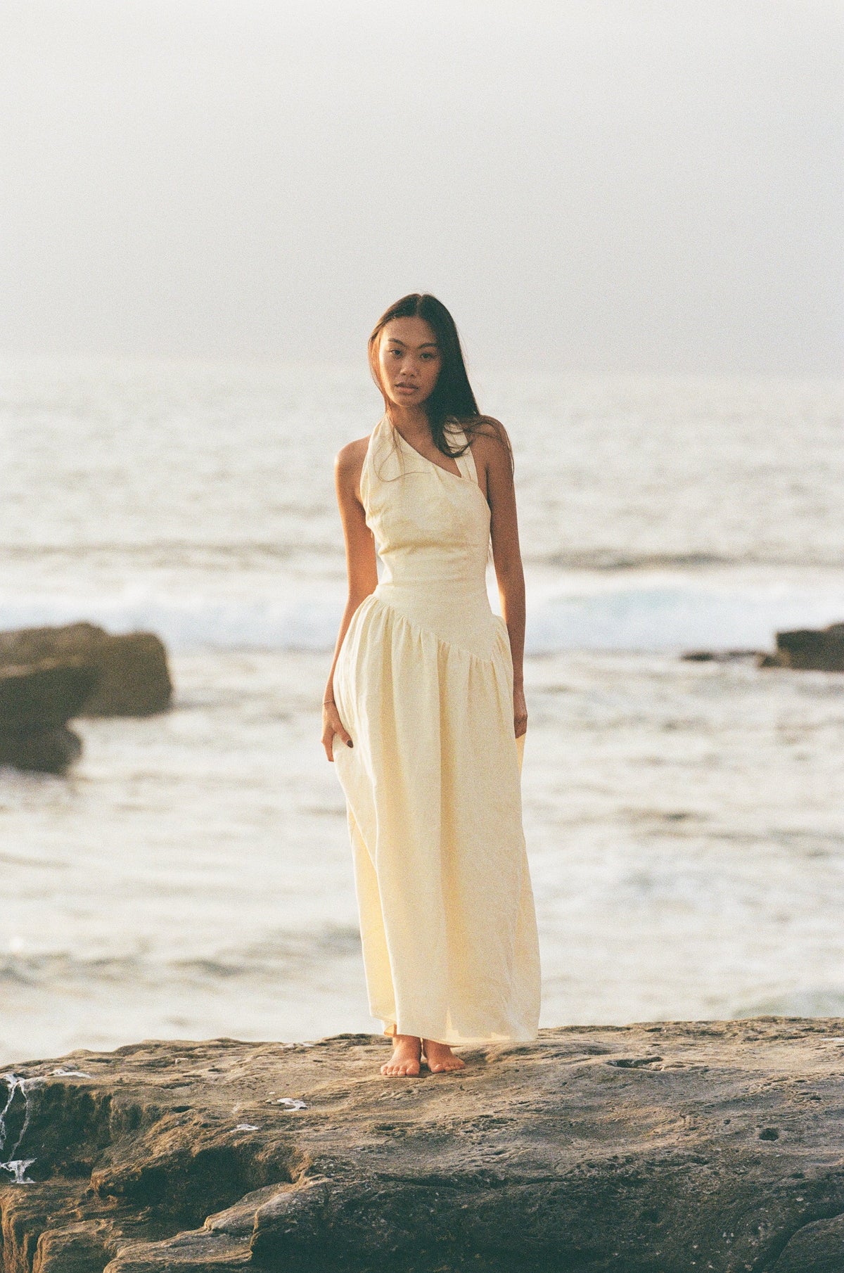 Minimalist Butter Yellow Asymmetric Halter Neck Linen Maxi Dress