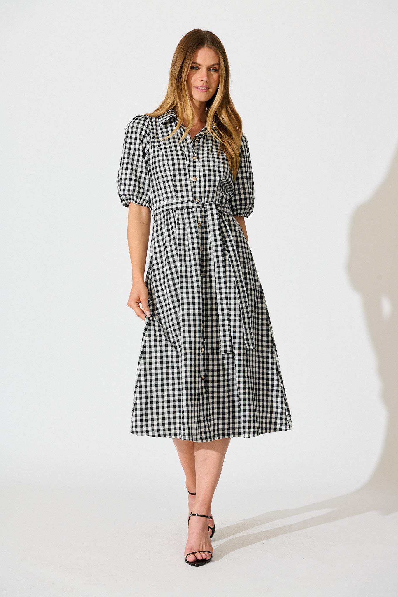 Elianna Midi Shirt Dress in Black and White Gingham Cotton full length