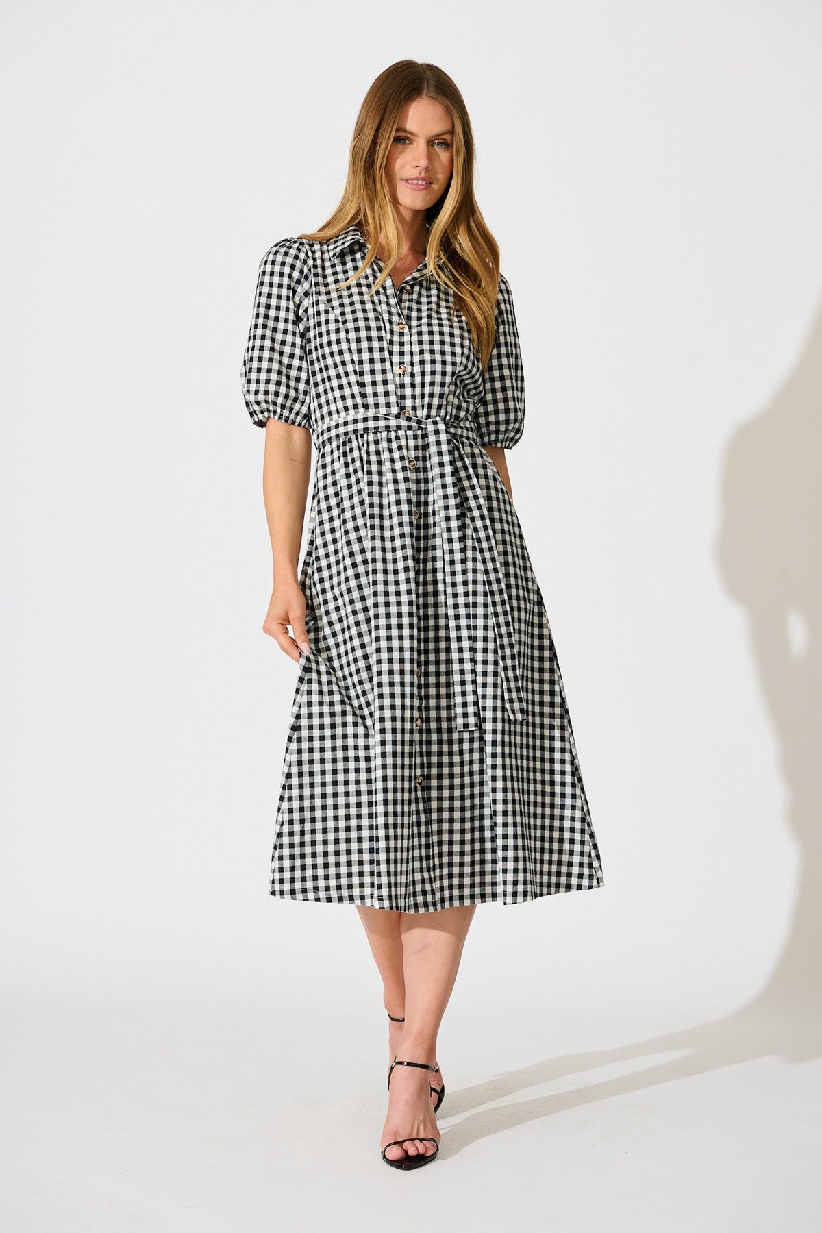 Elianna Midi Shirt Dress in Black and White Gingham Cotton full length