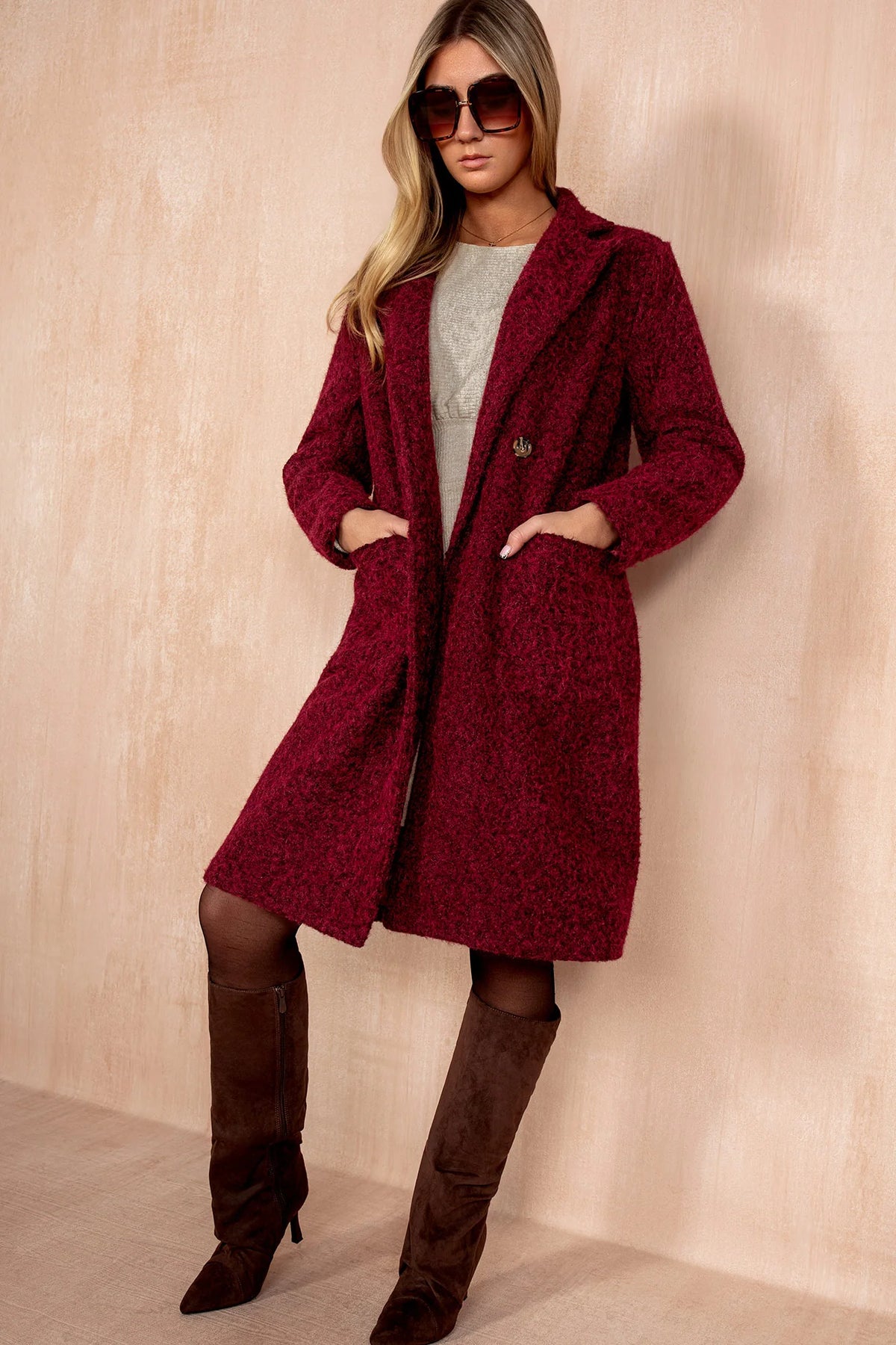 Angelina Burgundy Wool Double Breasted Coat