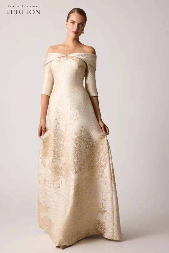 Teri Jon Metallic Jacquard Off The Shoulder Evening Gown With Sleeves Glasscock Boutique
