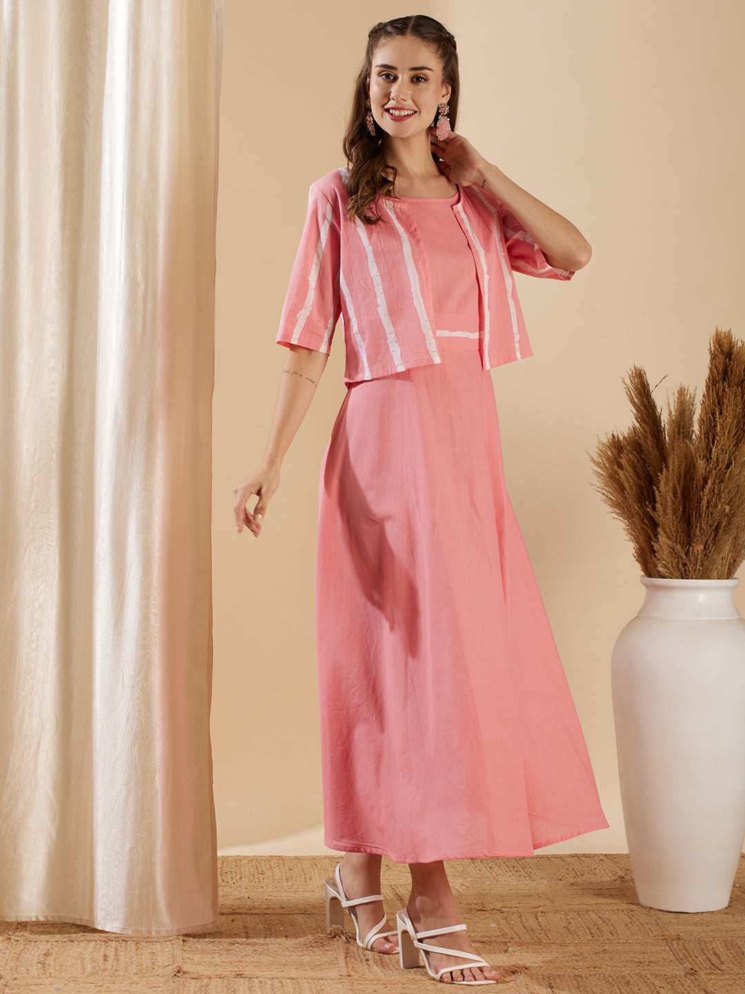 Solid A-Line Flared Cotton Maxi Dress with Striped Open Short Jacket - Pink