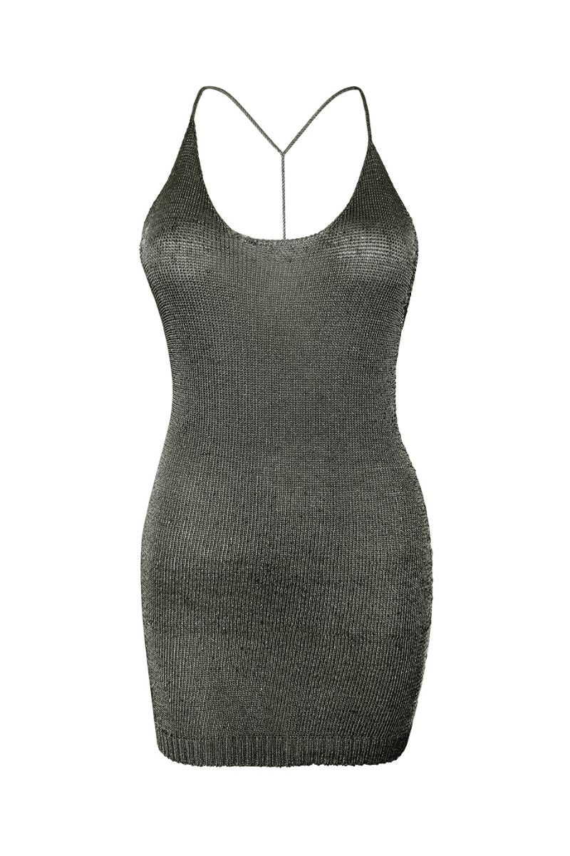 Gunmetal sparkly knit mini dress by Natalia Fedner, featuring a fitted silhouette and shimmering fabric, perfect for evening wear.
