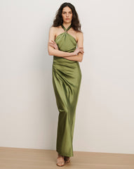 Veronica Beard Olive green satin halter maxi dress with a ruched waist and gold ring detail.
