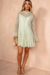 Orietta Sage Lace High Neck Dress