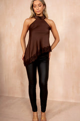 Zania Chocolate Satin Halterneck Top