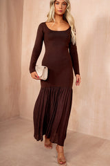 Mariah Chocolate Knit Chiffon Hem Maxi Dress