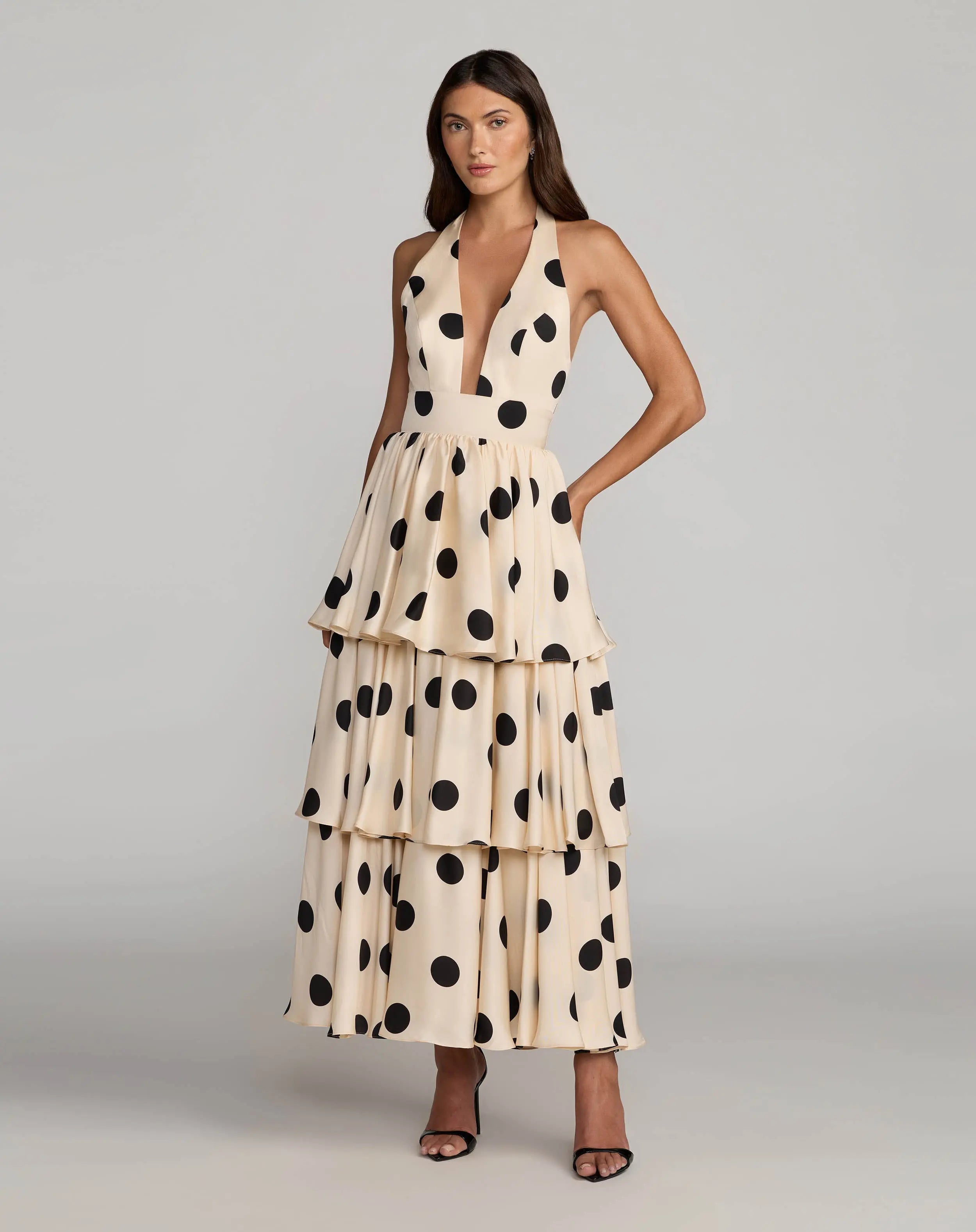 Beige Halter Neck Polka Dot Ruffle Maxi Dress - Ieena for Mac Duggal