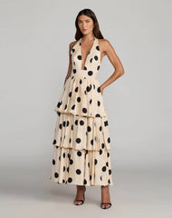 Beige Halter Neck Polka Dot Ruffle Maxi Dress - Ieena for Mac Duggal