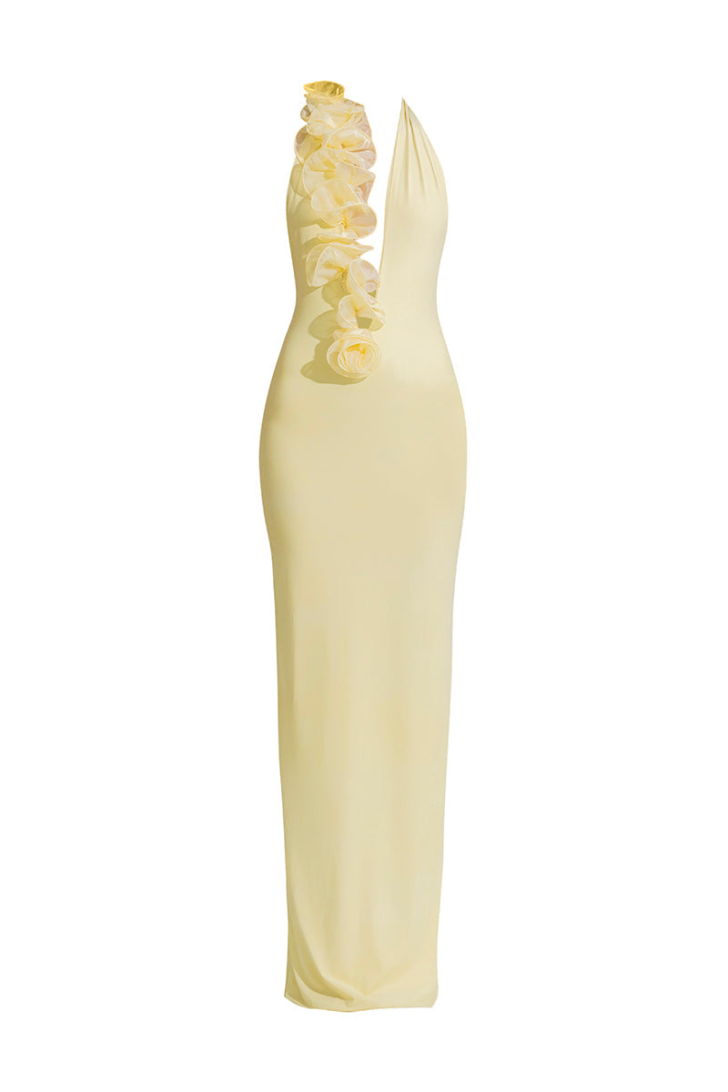 Deme By Gabriella Adela Butter Yellow Maxi Dress displayed on a hanger, featuring flowing fabric and a stylish sleeveless design.
