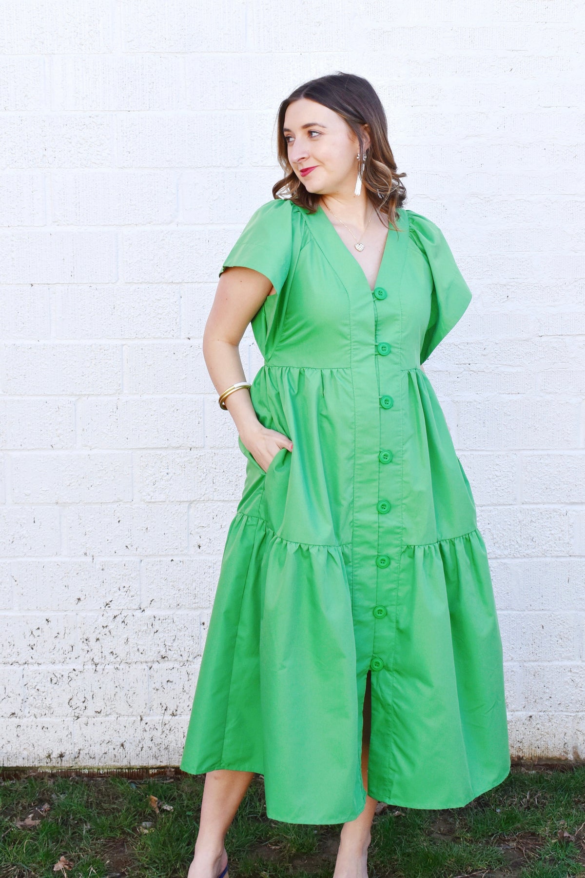 Kelly Green Flutter Sleeve Midi Dress