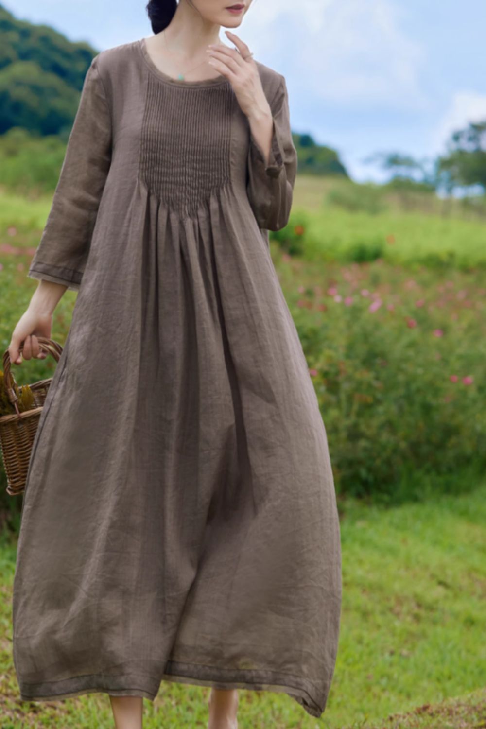 Brown Linen Midi Dress - A-Line Loose Fit with Pockets 4834