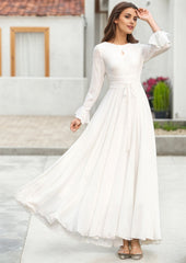 White Chiffon Maxi Dress - Flared Skirt & Keyhole Neckline 2622