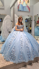 Light blue quinceanera dress, ball gown 3D flower lace birthday party gown      fg6060