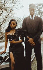 Sexy Black Formal Dress One Shoulder Evening Party Dress With Feather  fg7536