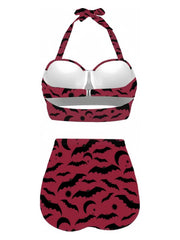 Weinrot 1950er Fledermaus Schnürung Halfter Bikini Set