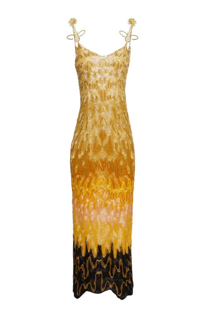 Onalaja honey maxi dress featuring a flowing silhouette, long sleeves, and elegant design perfect for summer or formal occasions.