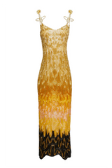 Onalaja honey maxi dress featuring a flowing silhouette, long sleeves, and elegant design perfect for summer or formal occasions.