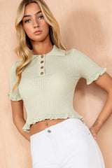 Shonda Sage Ribbed Knit Collared Top