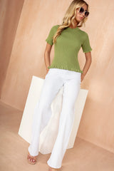 Jemima Green Ribbed Knit Lace Detail Top