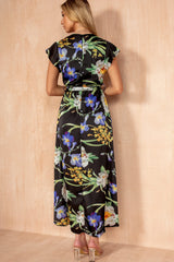 Tillie Black Satin Floral Wrap Dress