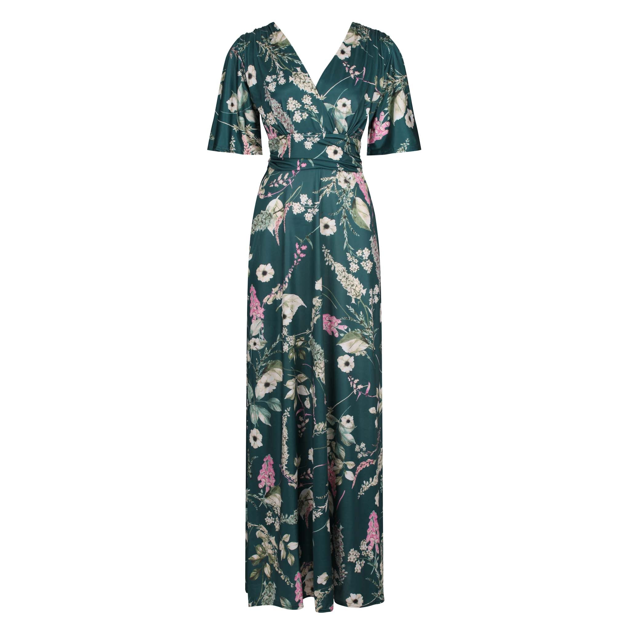 Green Floral Print Waterfall Sleeve Maxi Dress - Pretty Kitty Fashion