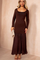 Mariah Chocolate Knit Chiffon Hem Maxi Dress