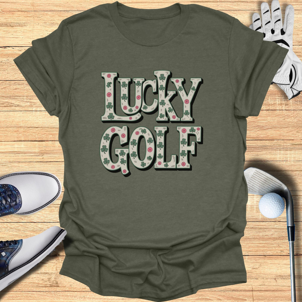 Green t-shirt with Lucky Golf text and shamrock clover designs.