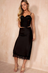 Catherine Black Satin Lace Midi Skirt