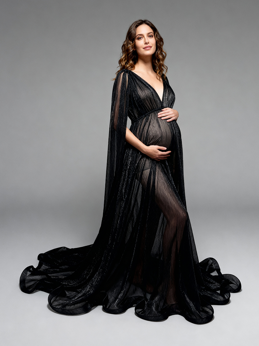 See Thru Black Long Cape Sleeves Mesh Maternity Dress for Photo Shoot YW260296