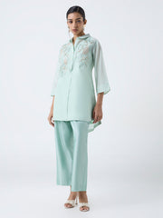 Vark Mint Floral Embroidered Cotton-Blend Ethnic Set