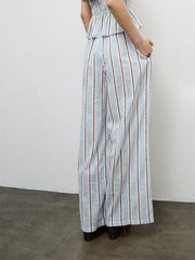 Nuon Light Blue Striped High-Rise Linen Trousers
