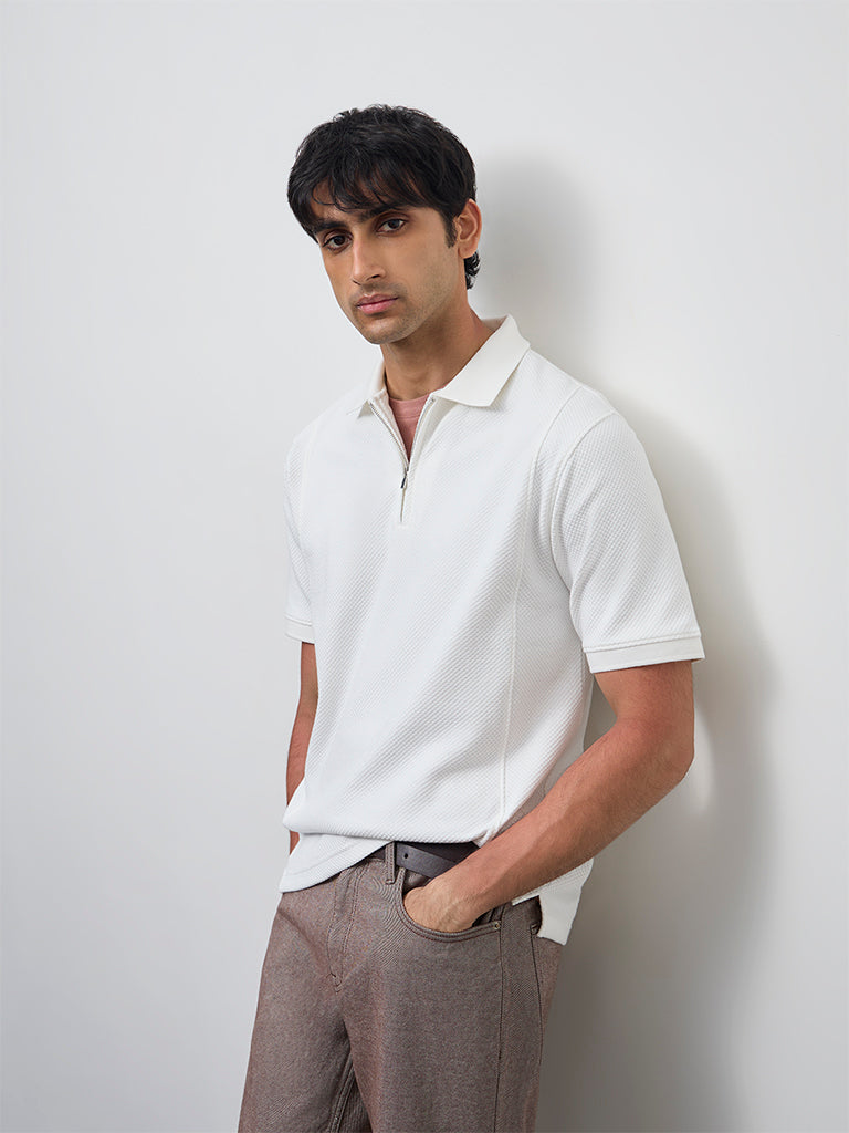 WES Casuals Off-White Popcorn Textured Relaxed-Fit Quarter-Zip Polo T-Shirt