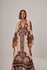Sand Winter Tapestry V Neck Maxi Dress